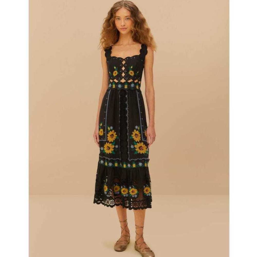NWT Farm Rio Chic Black Maxi Dress with Floral Accents
